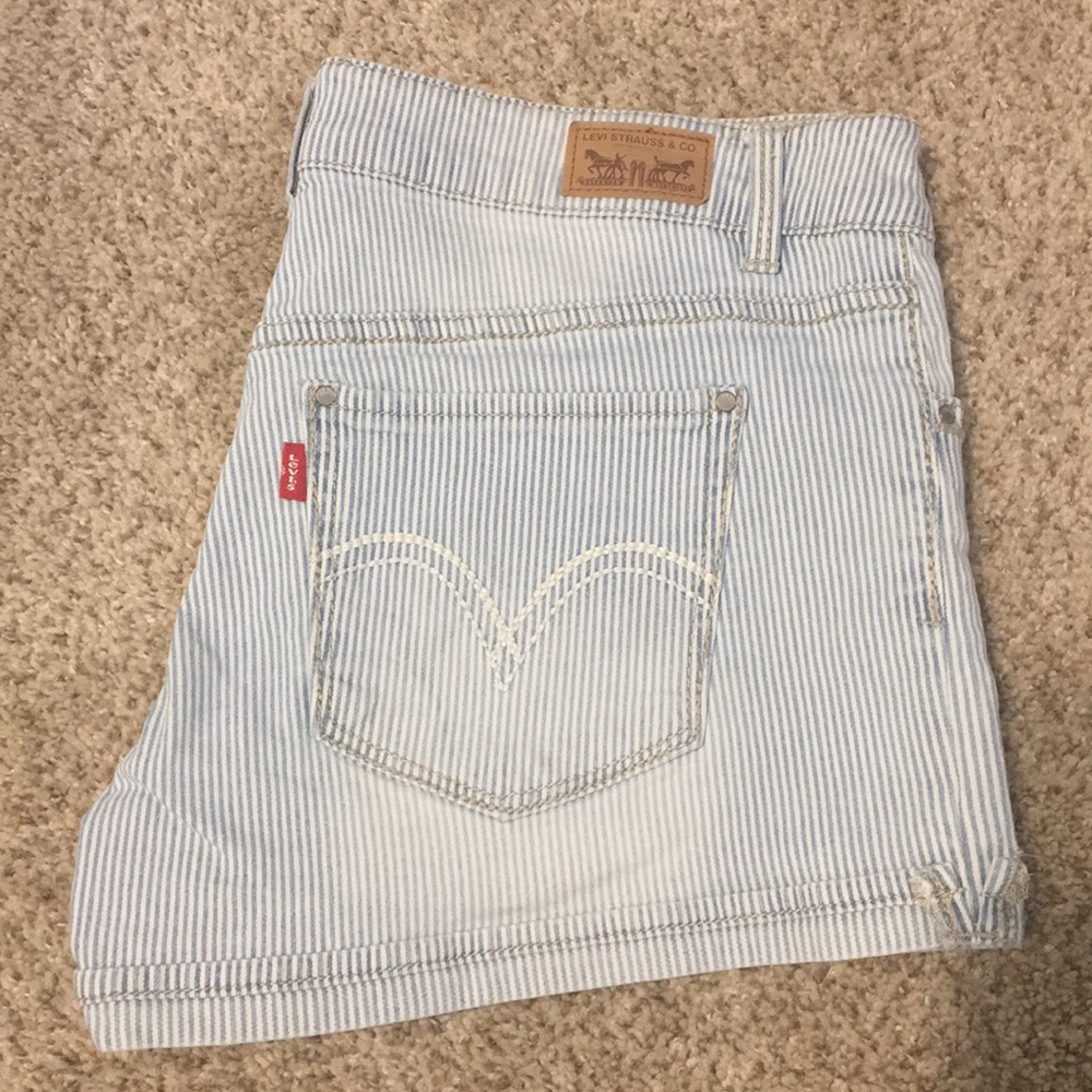 Blue and white striped Levi short shorts